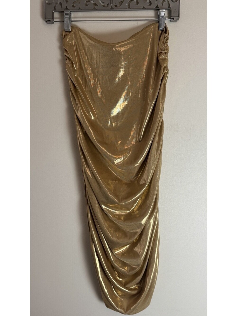 NORMA KAMALI SHIRRED METALLIC GOLD BODYCON SKIRT M - Picture 2 of 7